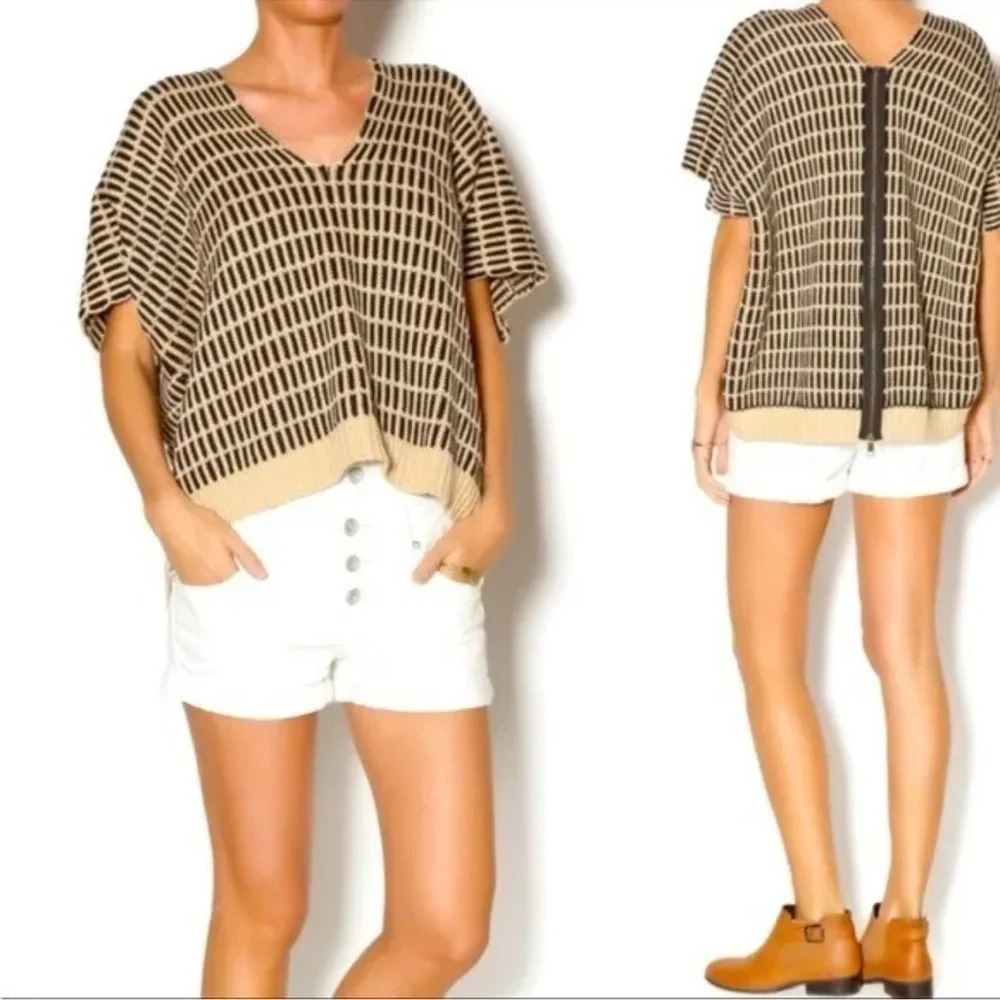 FREE PEOPLE Something Special Poncho Sweater Woven Black/Tan Size XS